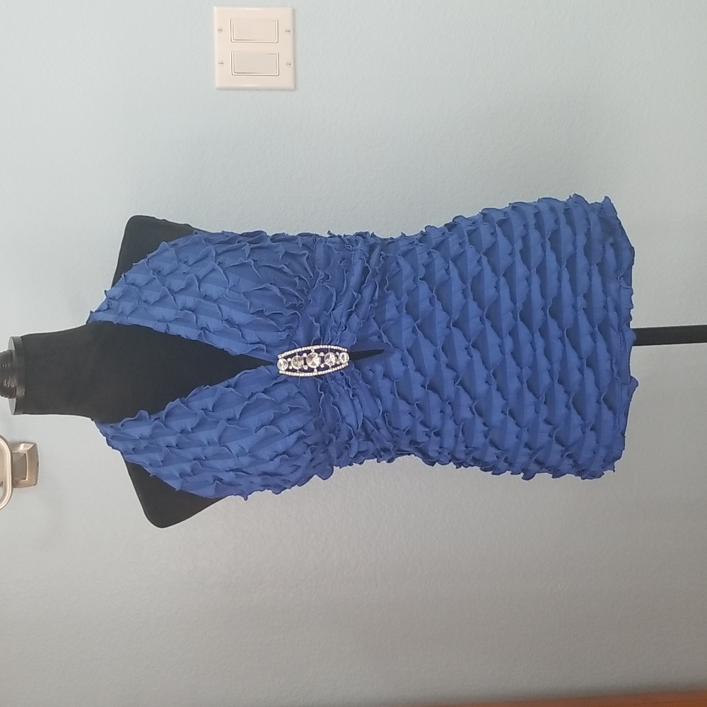 Blue Ruffled Halter Tank with Jewel Accent